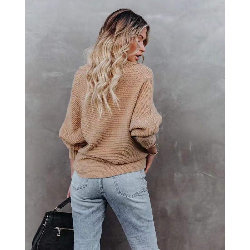 Damen modischer Pullover mit weitem Kragen und Rippstruktur R&B