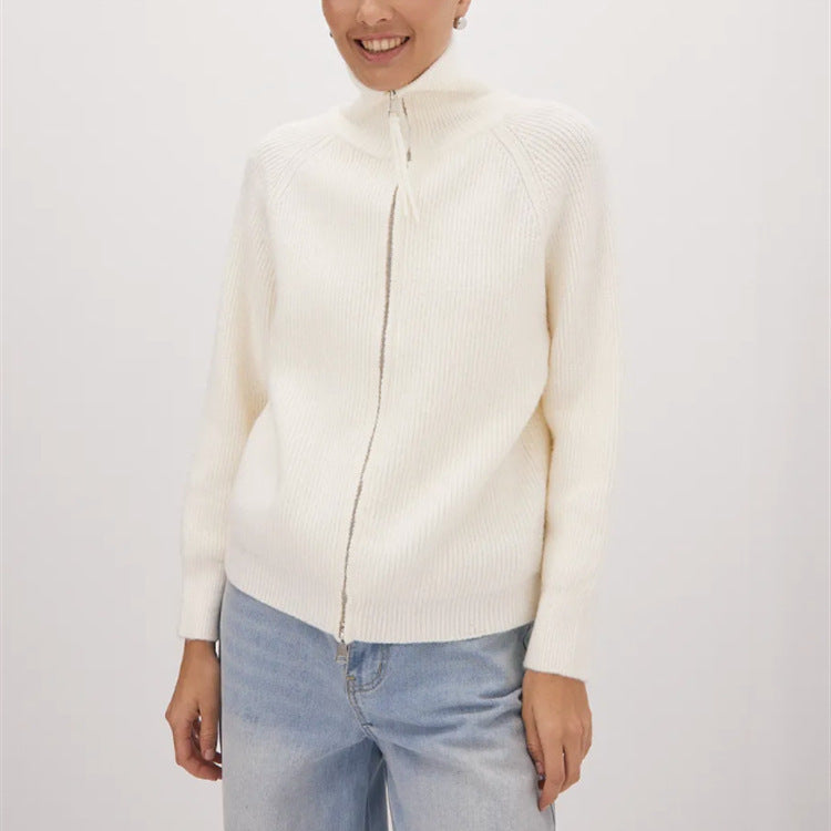 Damen Strickjacke mit hohem Kragen und Reißverschluss R&B