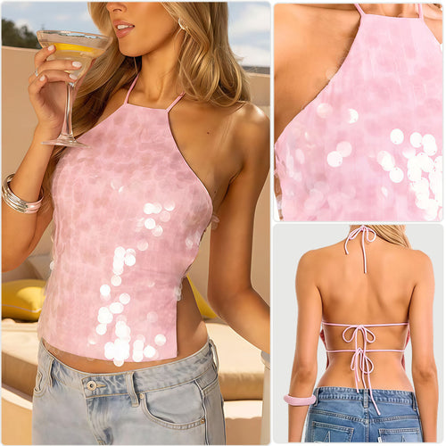 Damen Glamouröses Pailletten-Oberteil mit asymmetrischem Halterdesign R&B