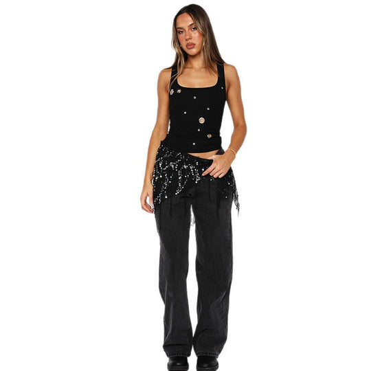 Damen Enganliegendes Crop-Top mit dekorativen Ösen R&B