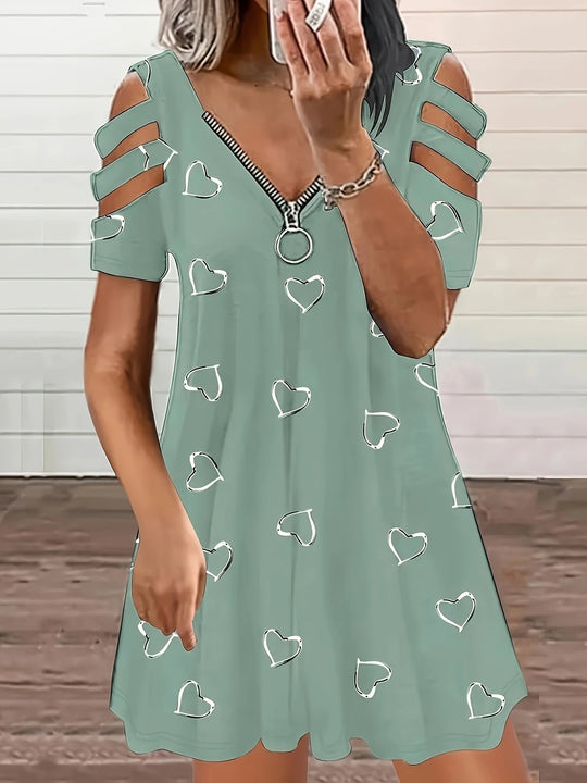 Damen Freizeitkleid mit Cut-Out-Ärmeln und Herzmuster R&B