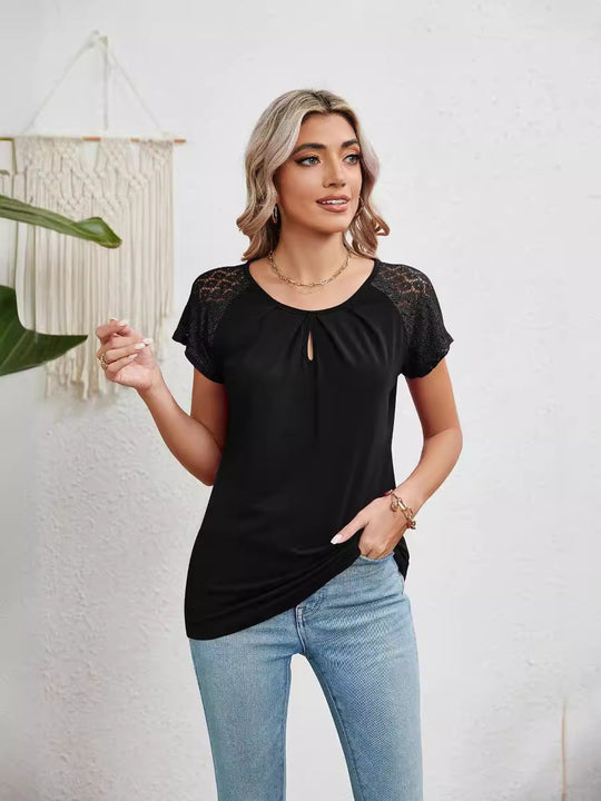 Damen Kurzarm-Bluse mit Spitzenärmeln R&B