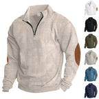 Herren nan gerippter Feinstrick-Pullover mit kurzem Reißverschluss Stehkragen und Lederoptik-Ellbogenpatches R&B