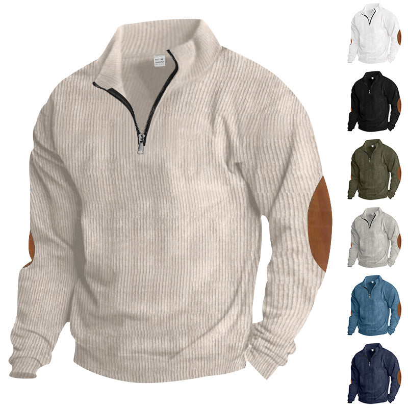 Herren nan gerippter Feinstrick-Pullover mit kurzem Reißverschluss Stehkragen und Lederoptik-Ellbogenpatches R&B