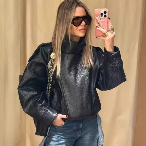Damen nan oversize Kunstlederblouson mit hohem Stehkragen, asymmetrischer Druckknopfleiste, Schulterklappen und elastischem Saum R&B