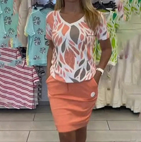 Damen nan lässiger Jersey-Zweiteiler mit bedrucktem V-Ausschnitt-Shirt und knielangem Bleistiftrock mit Eingrifftaschen R&B