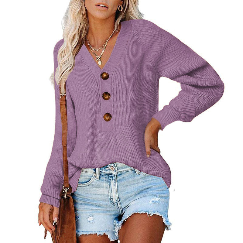 Damen Strickpullover mit V-Ausschnitt und Knopfdetails R&B