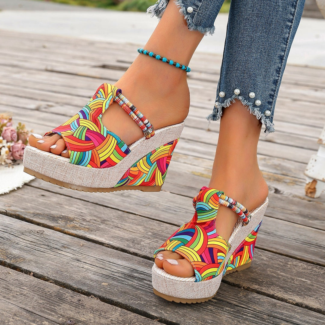 Damen modische Wedge-Sandalen mit buntem Mustermix und bequemer Sohle R&B