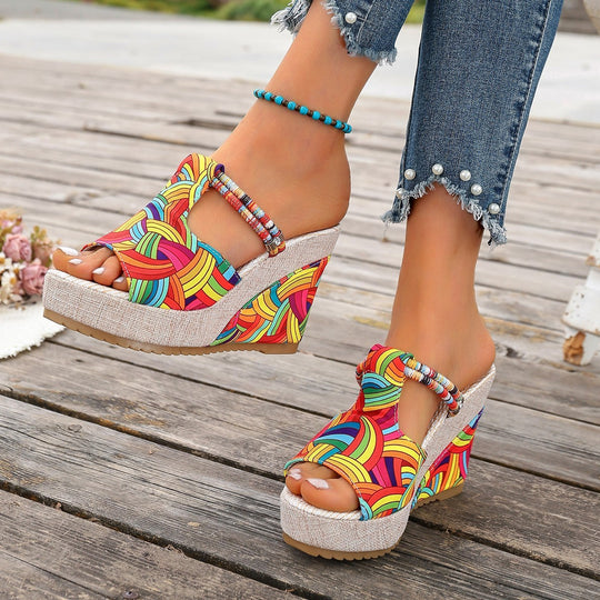 Damen modische Wedge-Sandalen mit buntem Mustermix und bequemer Sohle R&B