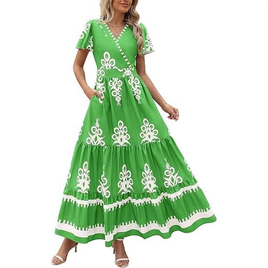Damen Maxikleid mit V-Ausschnitt und kontrastierenden Stickdetails R&B