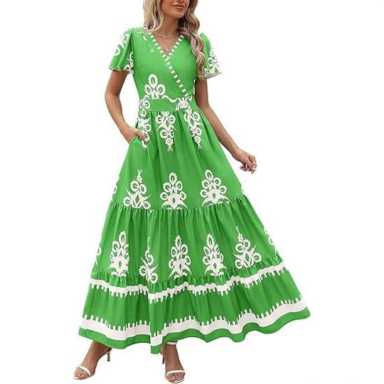 Damen Maxikleid mit V-Ausschnitt und kontrastierenden Stickdetails R&B