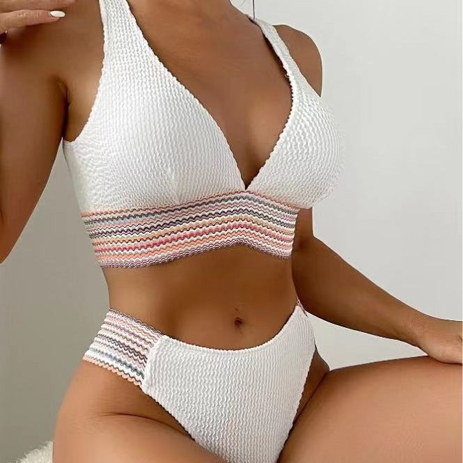 Damen Bikini mit hohem Beinausschnitt und elastischem Streifenmuster R&B