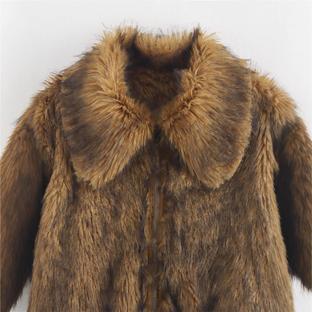 Damen elegante Kunstpelzjacke mit breitem Kragen R&B