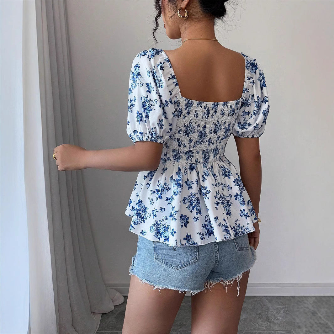 Damen Raffiniertes Oberteil mit Puffärmeln und floralem Design R&B