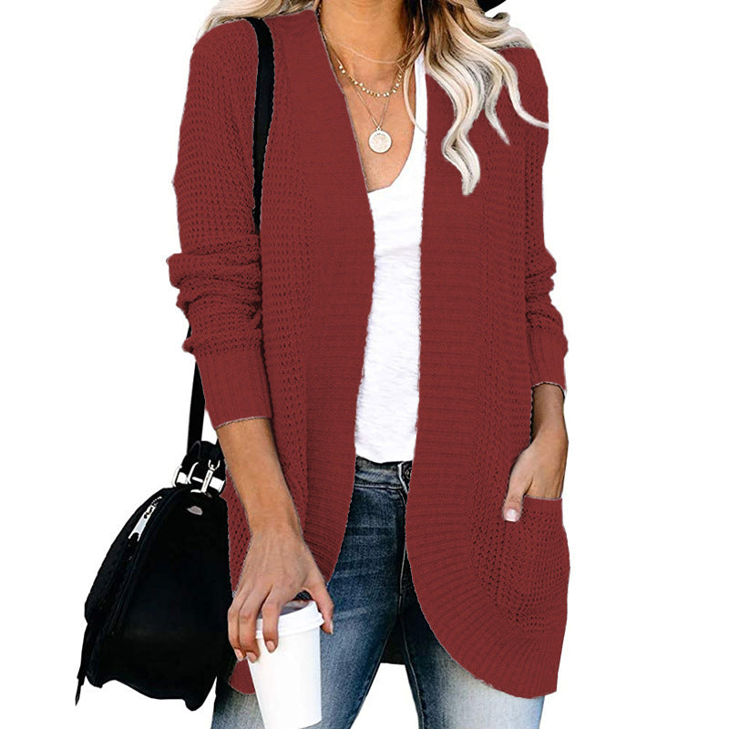 Damen lässige Strickjacke mit offenen Ärmeln und praktischen Taschen R&B
