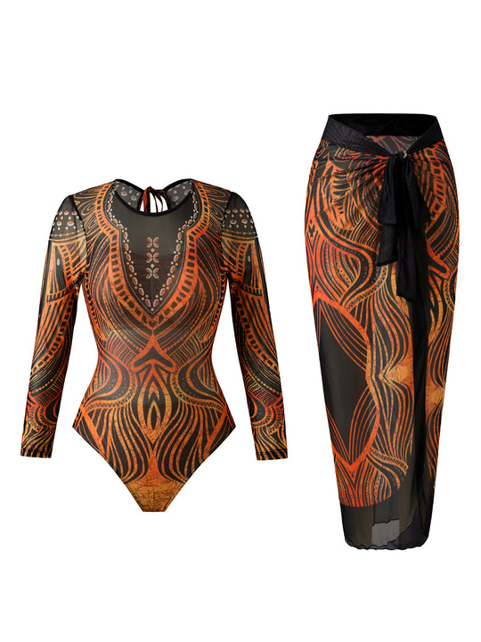 Damen Eleganter Badeanzug mit langem Arm und transparente Wickelrock R&B