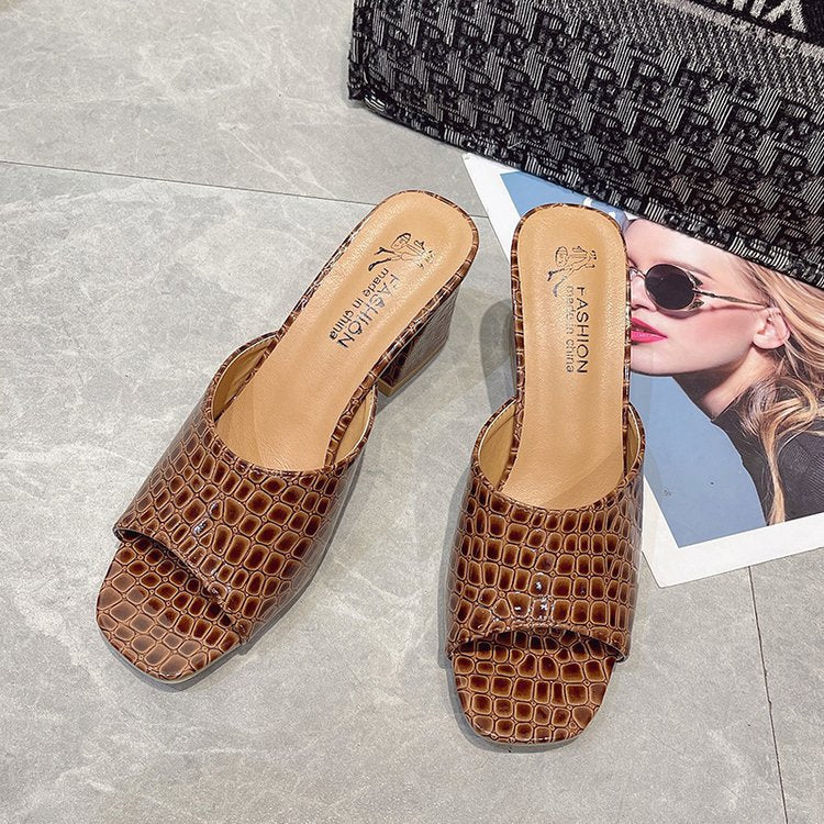 Damen Schicke Peeptoe-Pantoletten aus hochwertigem Leder mit Kroko-Optik R&B