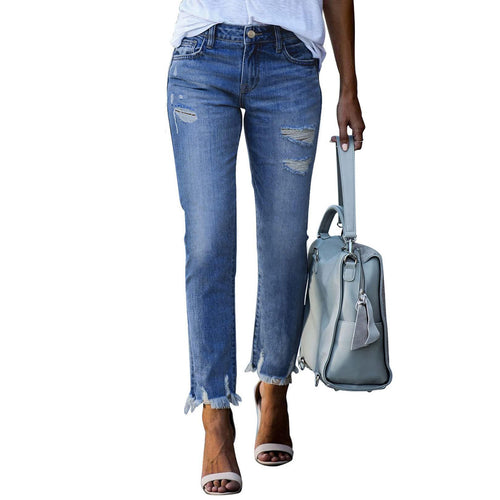 Damen Vintage Slim-Fit Jeans mit fransigem Saum und modischen Rissen R&B