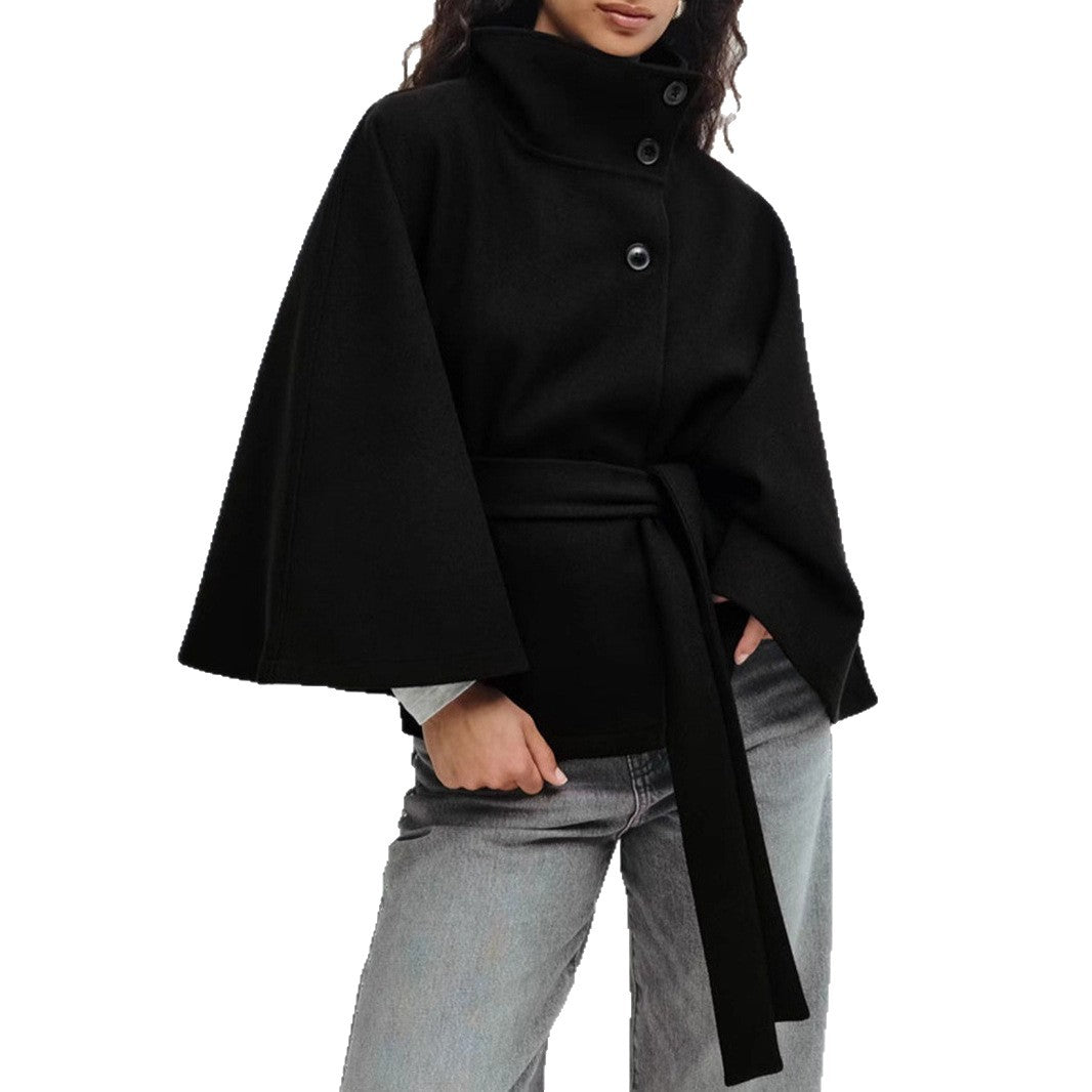 Damen Überwurfjacke mit hohem Kragen und taillierter Bindegürtel R&B