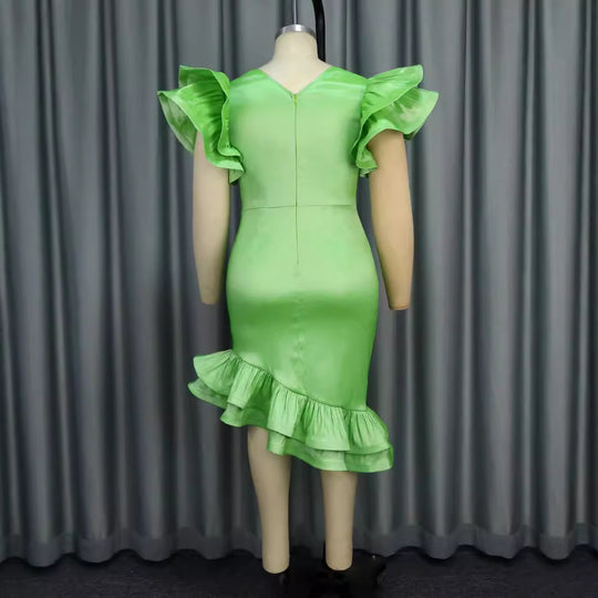 Damen elegantes Kleid mit voluminösen Rüschenärmeln und seitlichem Schlitz R&B
