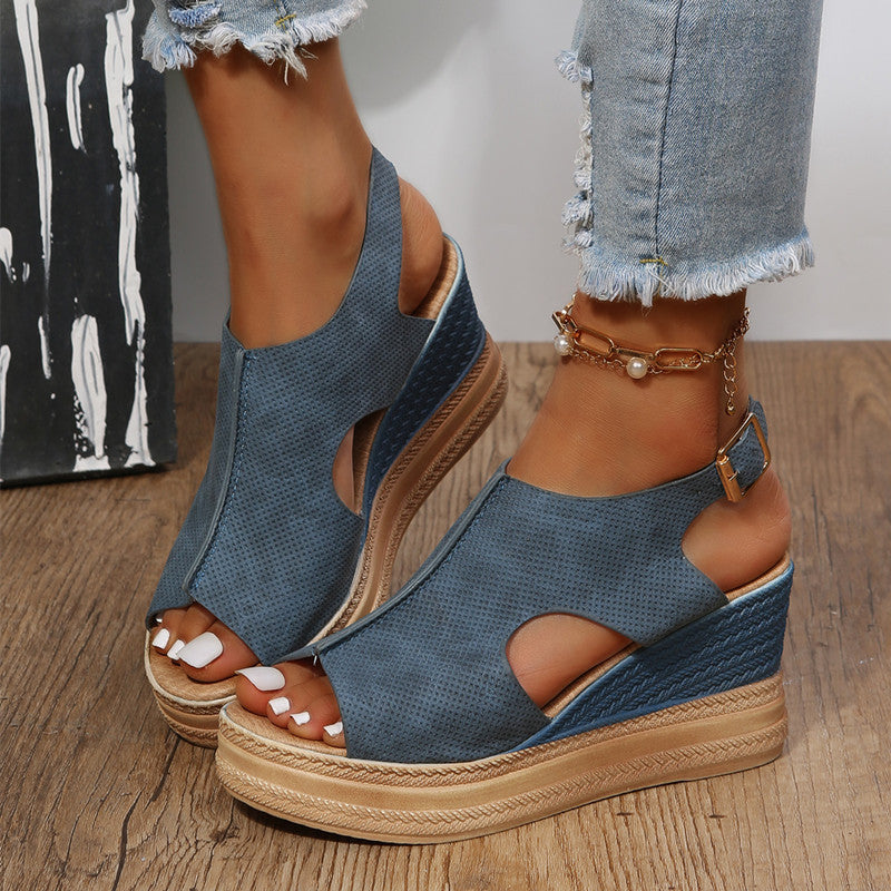 Damen Wedge-Sandalen mit offenem Zehenbereich und eleganter Schnalle R&B