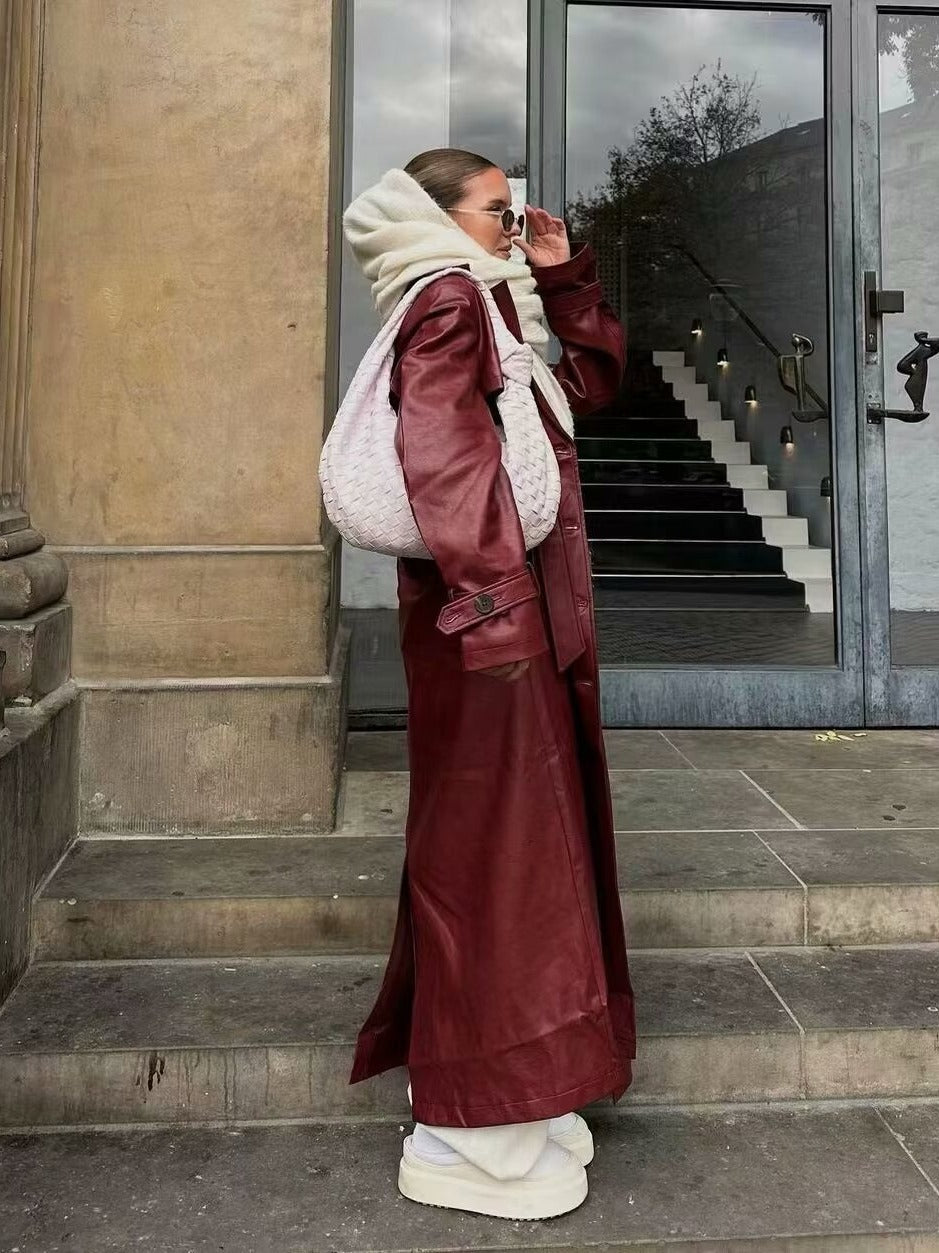 Damen Kunstleder-Trenchcoat mit taillierbarem Gürtel und schickem Kragen R&B