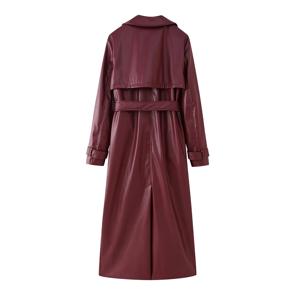 Damen eleganter Kunstleder-Trenchcoat mit Gürtel R&B