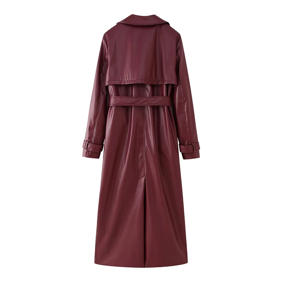 Damen eleganter Kunstleder-Trenchcoat mit Gürtel R&B