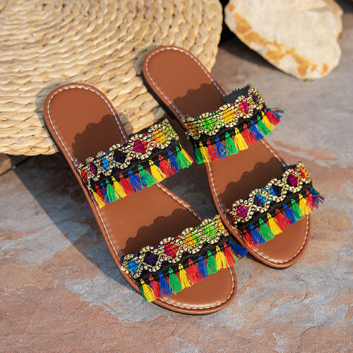 Damen Bunte Badeschuhe mit auffälligen Quasten und Schmuckverzierung R&B