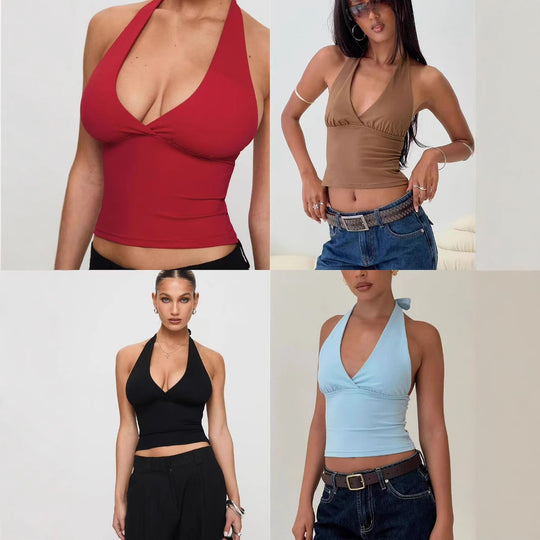 Damen elegantes Cropped Top mit geschmackvollem V-Ausschnitt und gerafften Details R&B