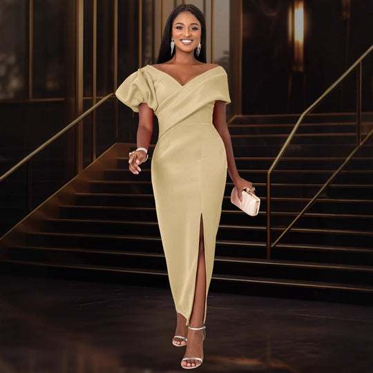 Damen Elegantes Maxikleid mit asymmetrischem Ausschnitt und voluminösen Puffärmeln R&B