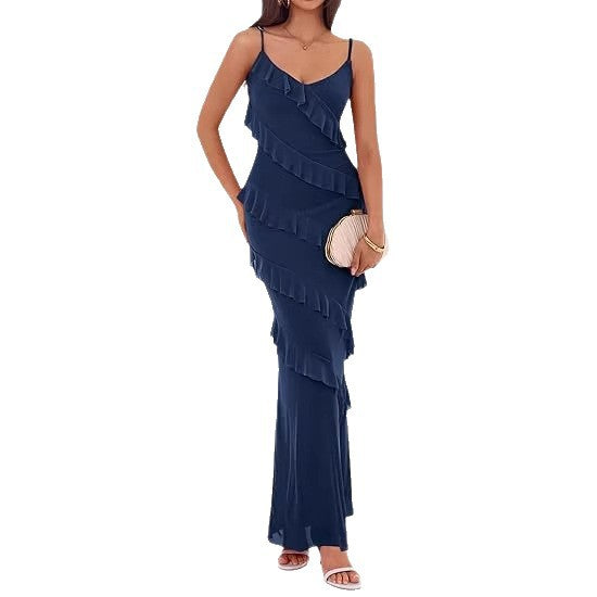 Damen Maxikleid mit Rüschen und Spaghettiträgern R&B
