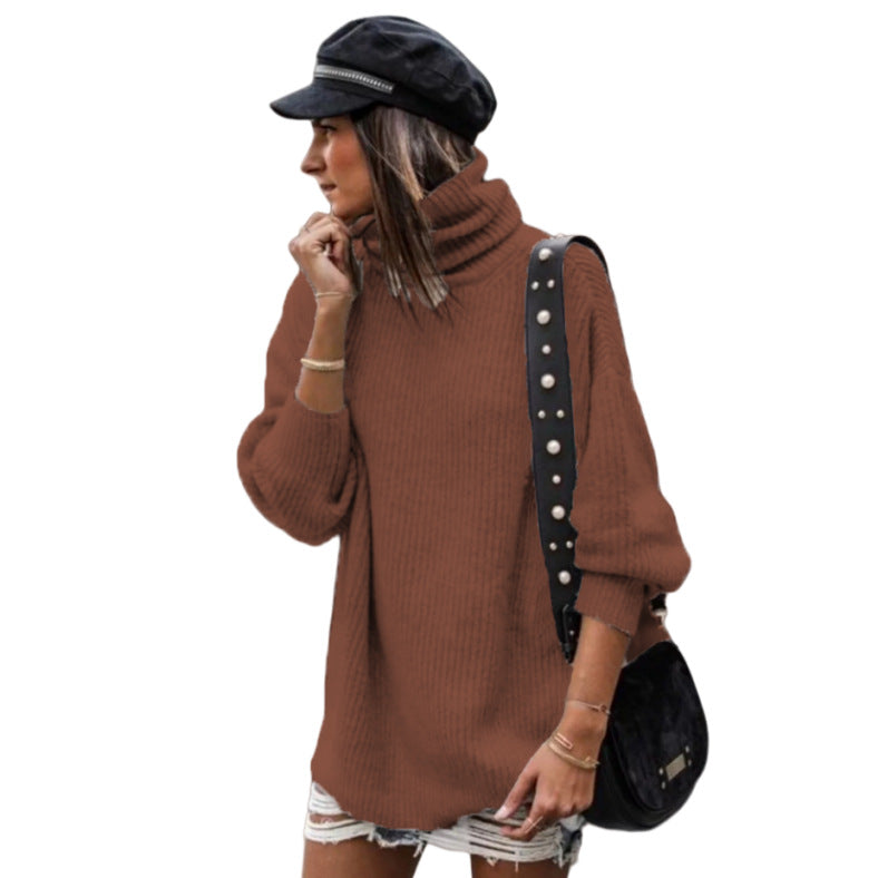Damen oversized Strickpullover mit hohem Kragen und modischen Details R&B