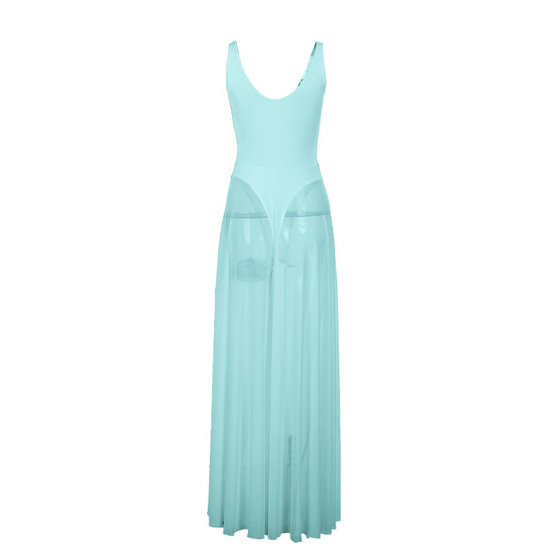 Damen Stilvolles Maxikleid mit transparentem Rock und elegantem V-Ausschnitt R&B