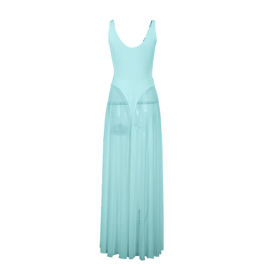 Damen Stilvolles Maxikleid mit transparentem Rock und elegantem V-Ausschnitt R&B