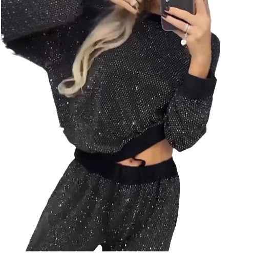 Damen Glitzerndes Freizeitset mit Cropped Sweater und bequemer Hose R&B