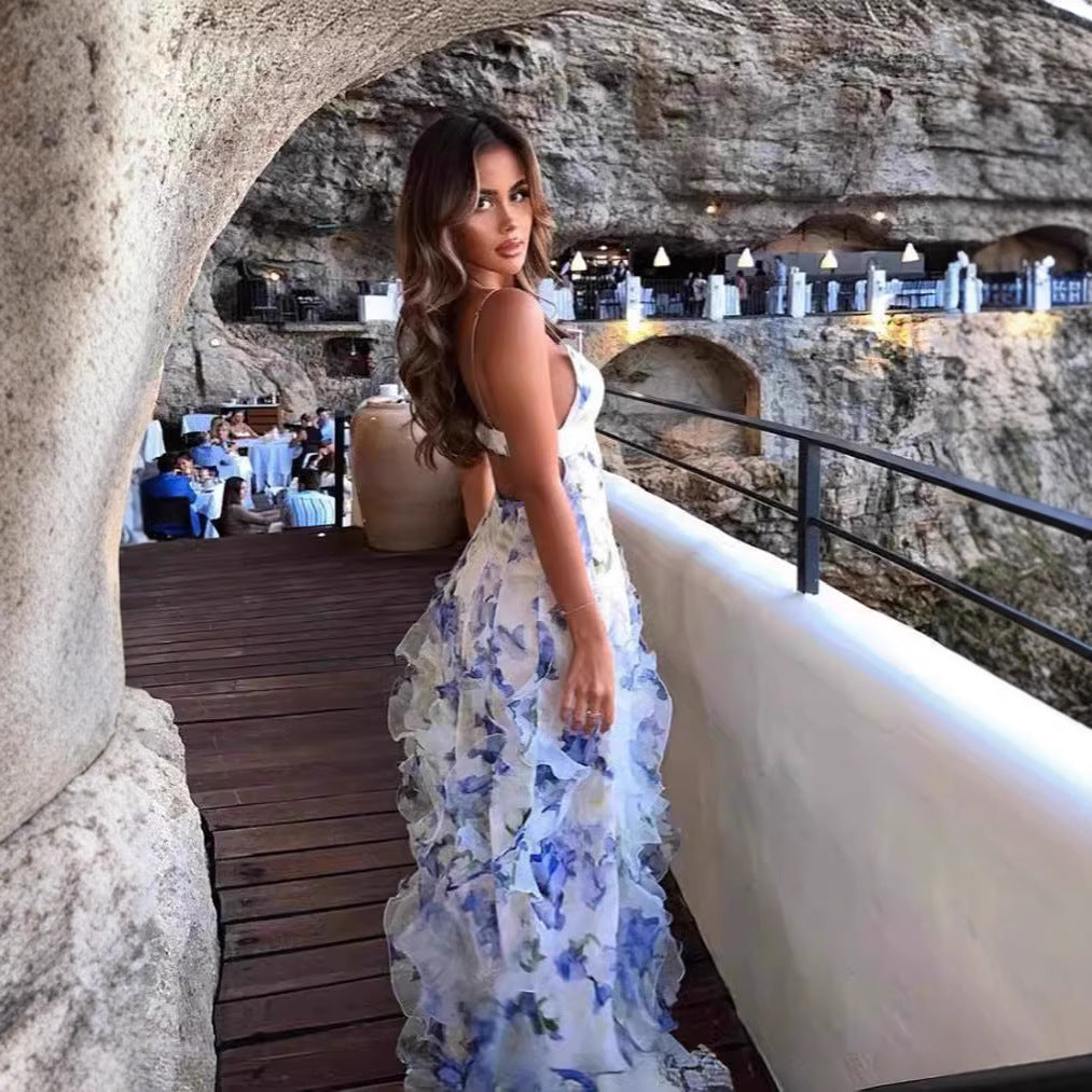 Damen Fließendes Chiffon Maxikleid mit Rüschendetails und floralen Akzenten EB