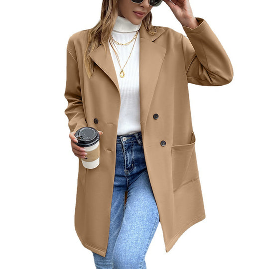 Damen elegante Oversized-Blazerjacke mit doppelter Knopfleiste und praktischen Taschen R&B