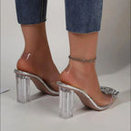 Damen elegante transparente Mules mit glitzerndem Schmuck-Riemen R&B