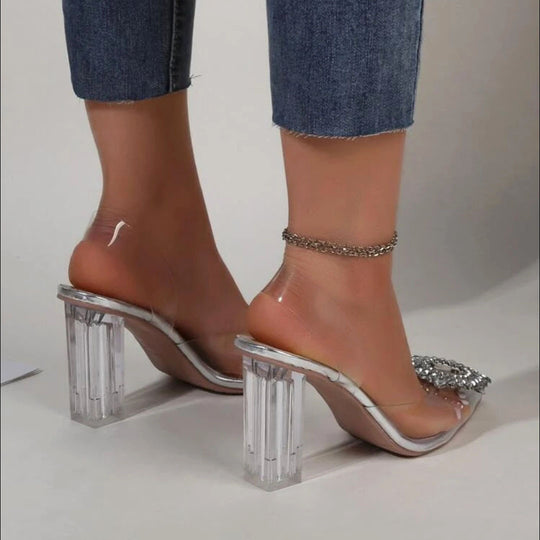 Damen elegante transparente Mules mit glitzerndem Schmuck-Riemen R&B