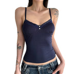 Damen Spaghetti-Trägertop mit eleganter Spitzenlage und Knopfleiste R&B