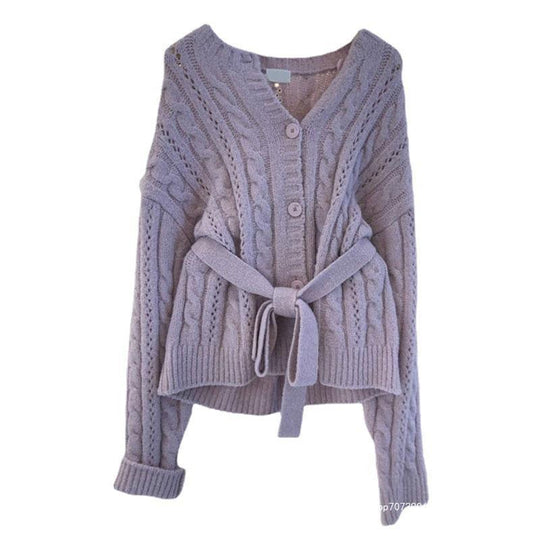 Damen Strickjacke mit Taillengürtel und Zopfmuster R&B