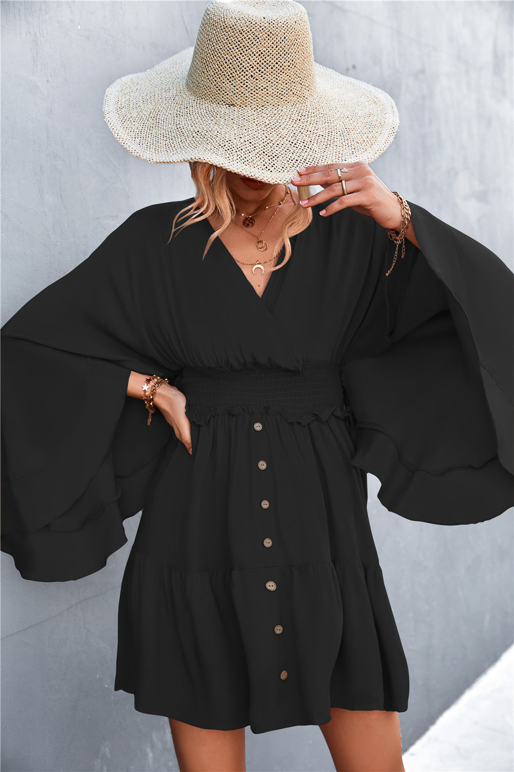 Damen lässiges Wickelkleid mit voluminösen Ärmeln und Knopfdetails R&B