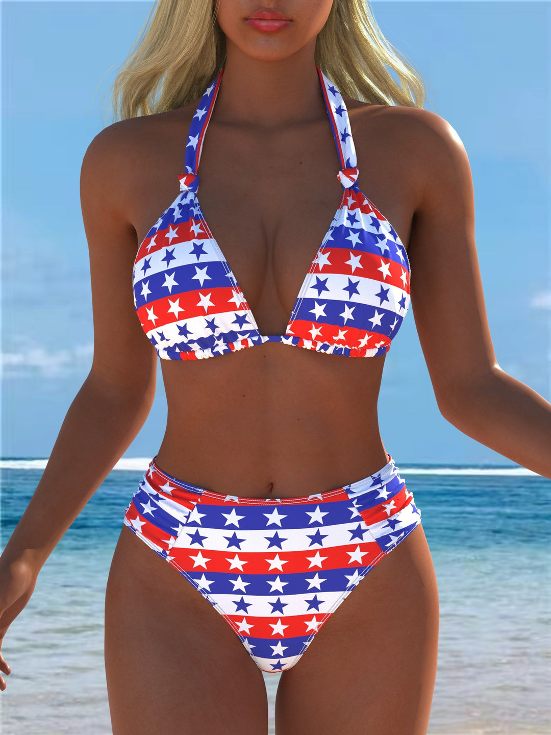 Damen Triangel-Bikini mit hohem Bund und patriotischem Sternen-Muster R&B