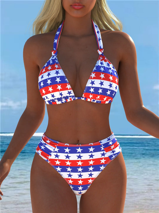 Damen Triangel-Bikini mit hohem Bund und patriotischem Sternen-Muster R&B