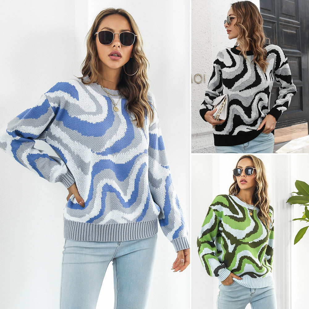 Damen lässiger Pullover mit einzigartigem Wellenmuster R&B