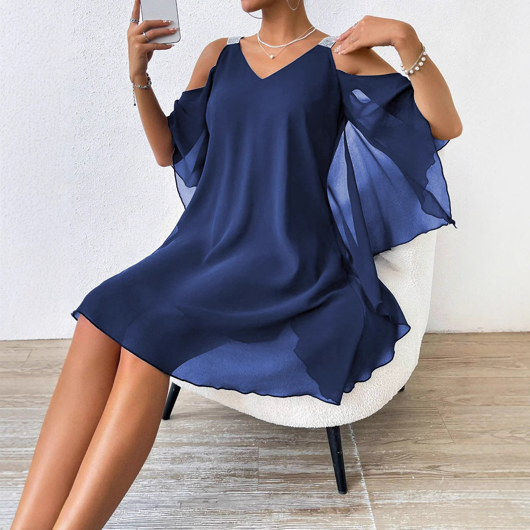 Damen schulterfreies Flatterkleid mit glitzernden Trägern R&B