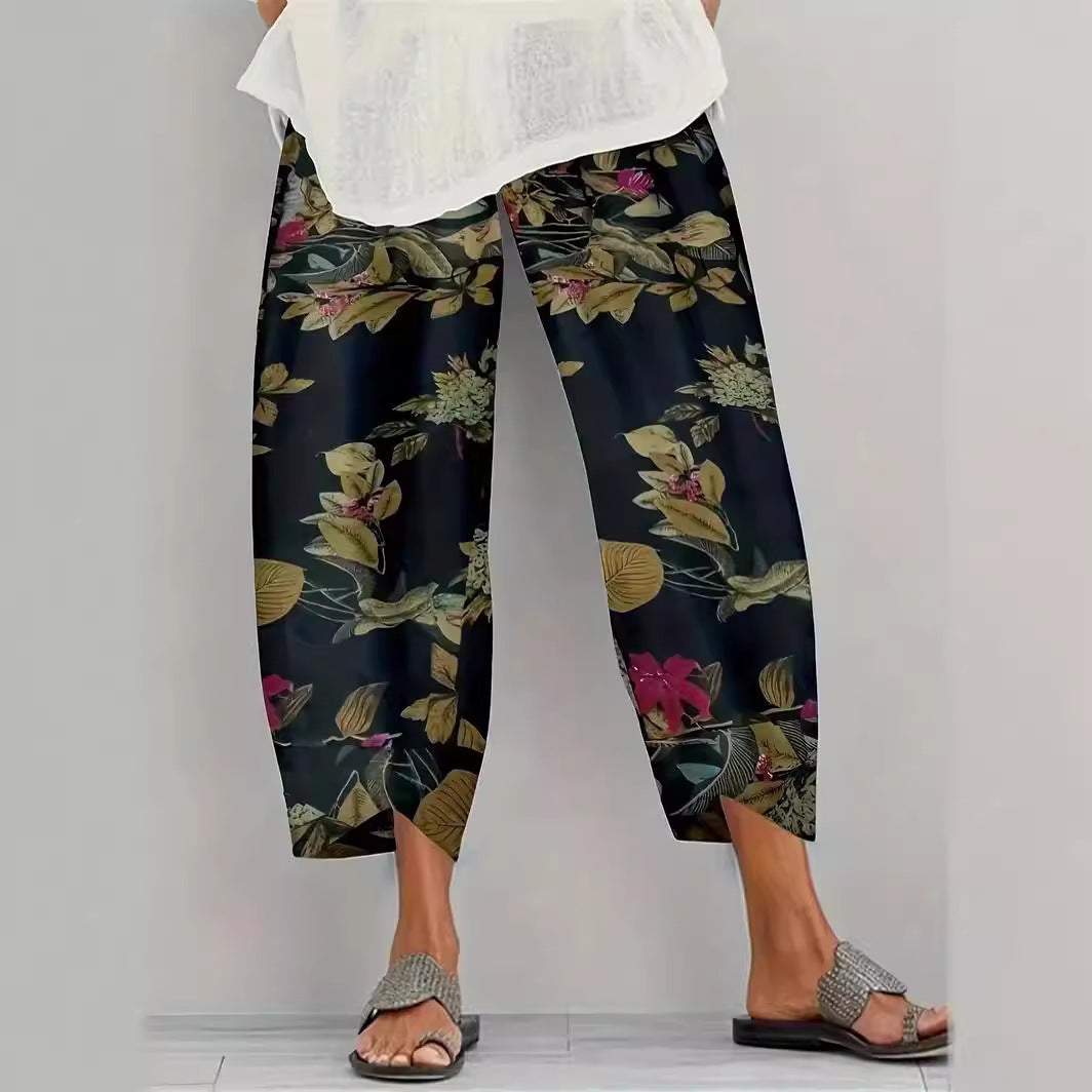 Damen lässige weite Stoffhose mit floralem Muster und elastischem Bund R&B