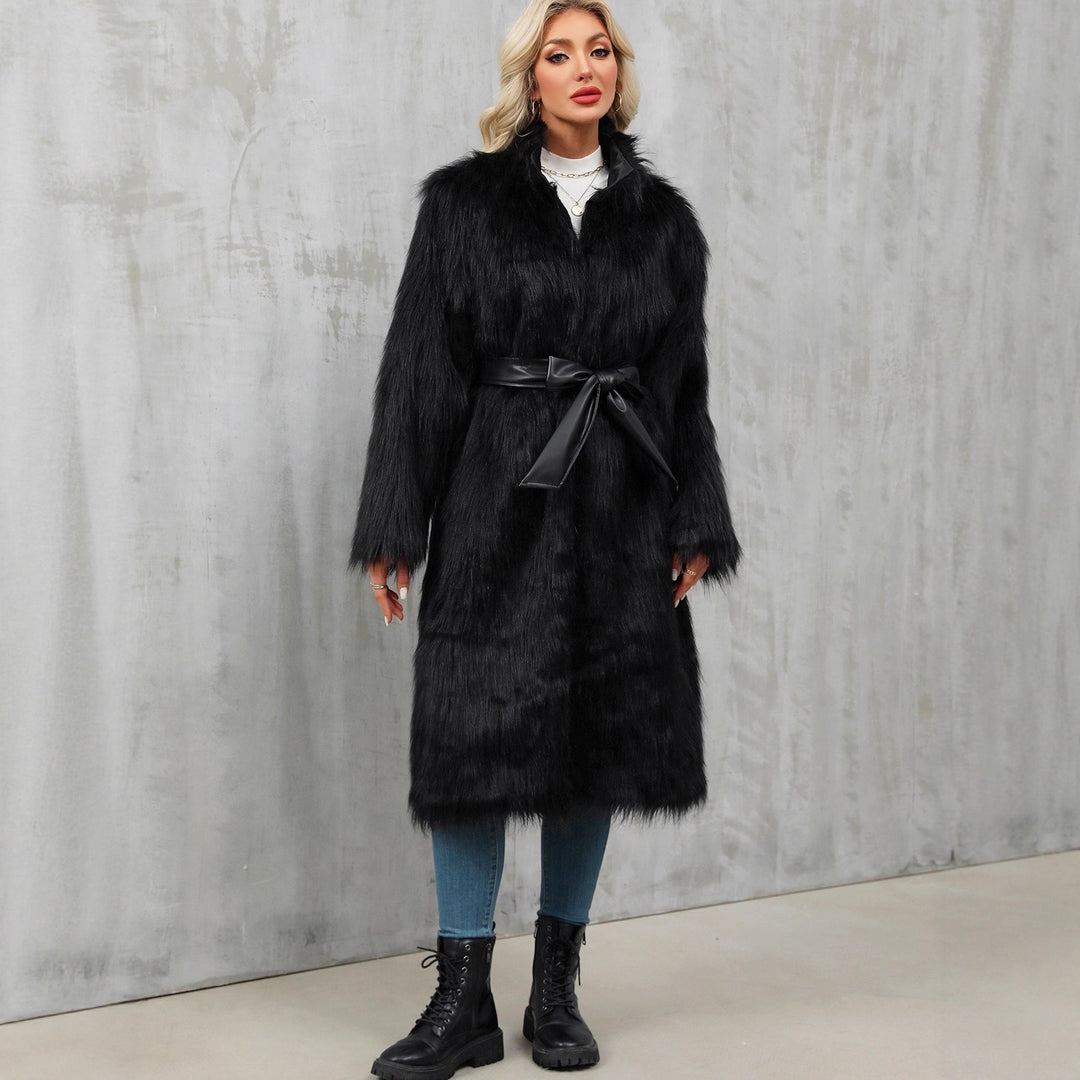 Damen Eleganter Kunstpelz-Mantel mit Taillengürtel und hochgeschlossenem Kragen R&B