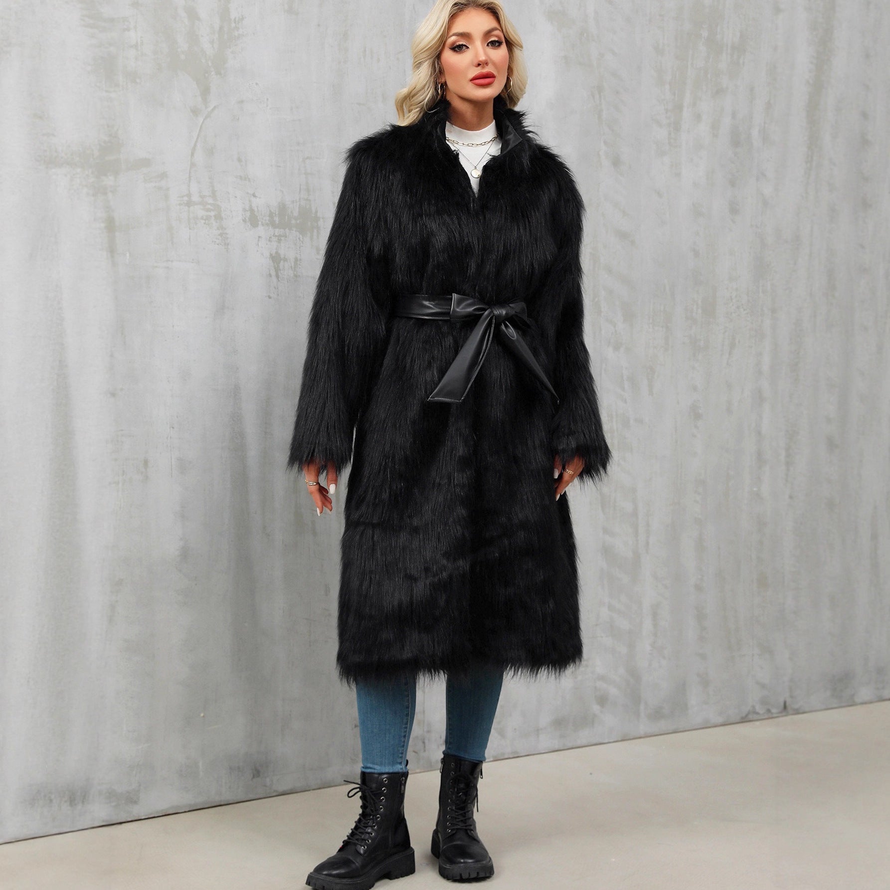 Damen Eleganter Kunstpelz-Mantel mit Taillengürtel und hochgeschlossenem Kragen R&B
